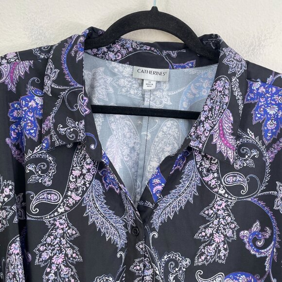 Catherines Womens Plus 3X Blouse Purple Black Floral Roll Tab Sleeve Shirt Top - Picture 8 of 11